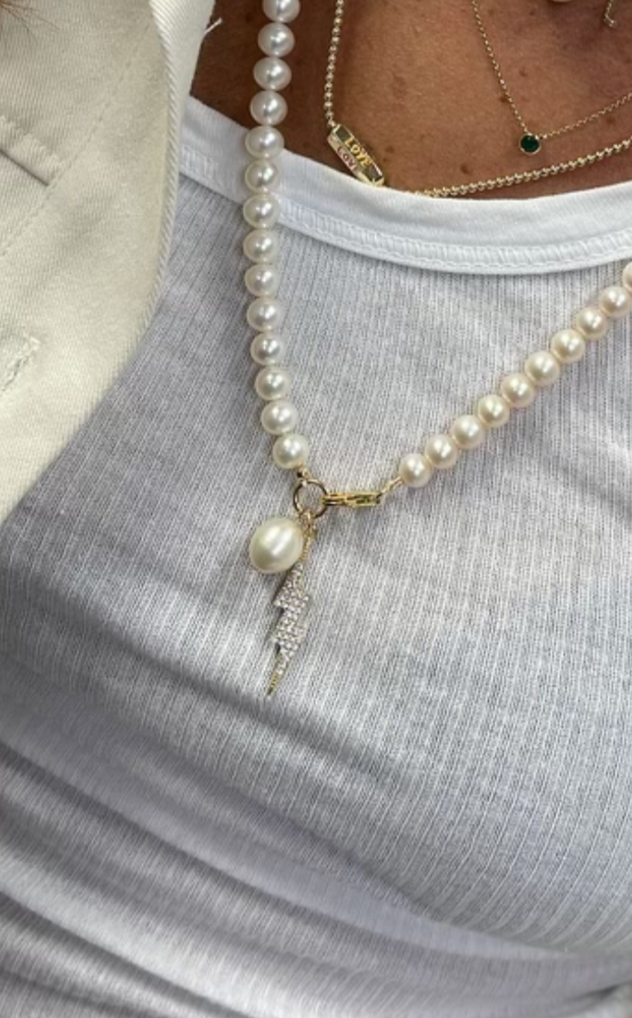 Long Pearl Necklace w/ Lightening Bolt