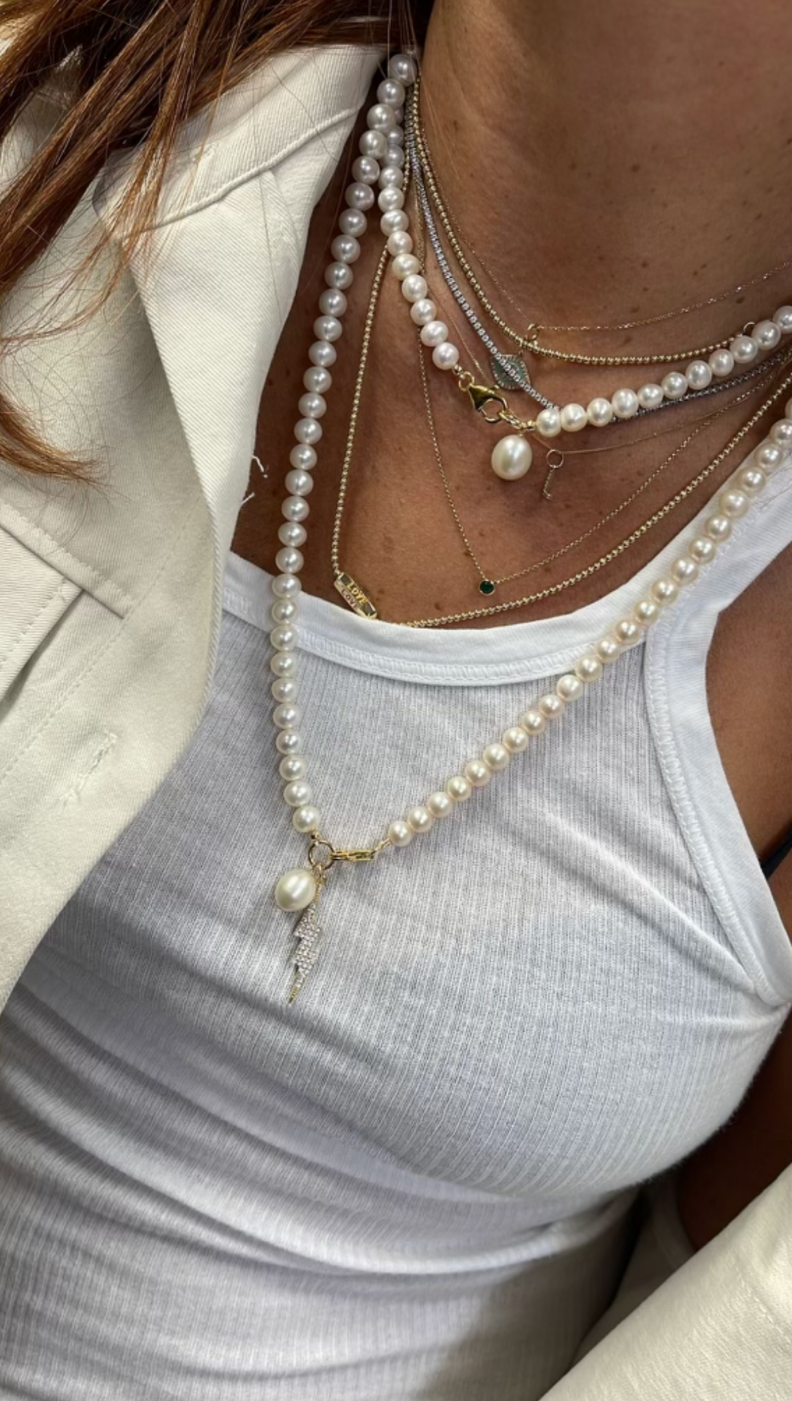 Long Pearl Necklace w/ Lightening Bolt