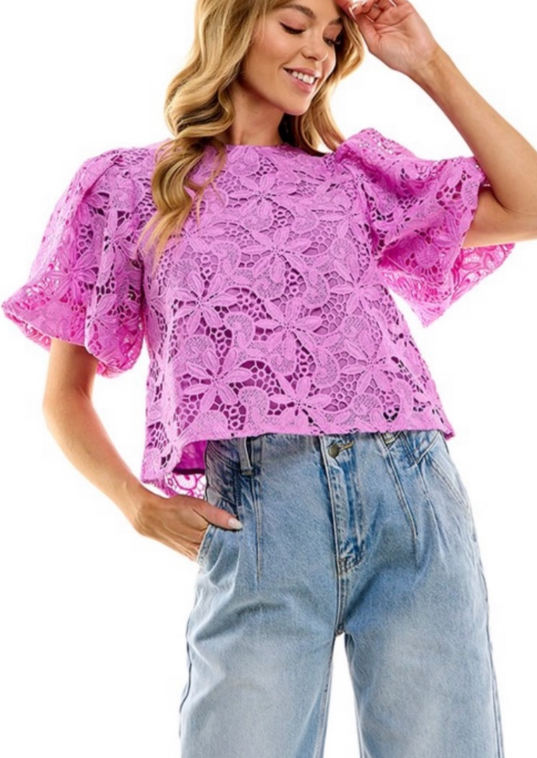 The Pink Door Lace Puff Sleeve Top - Purple