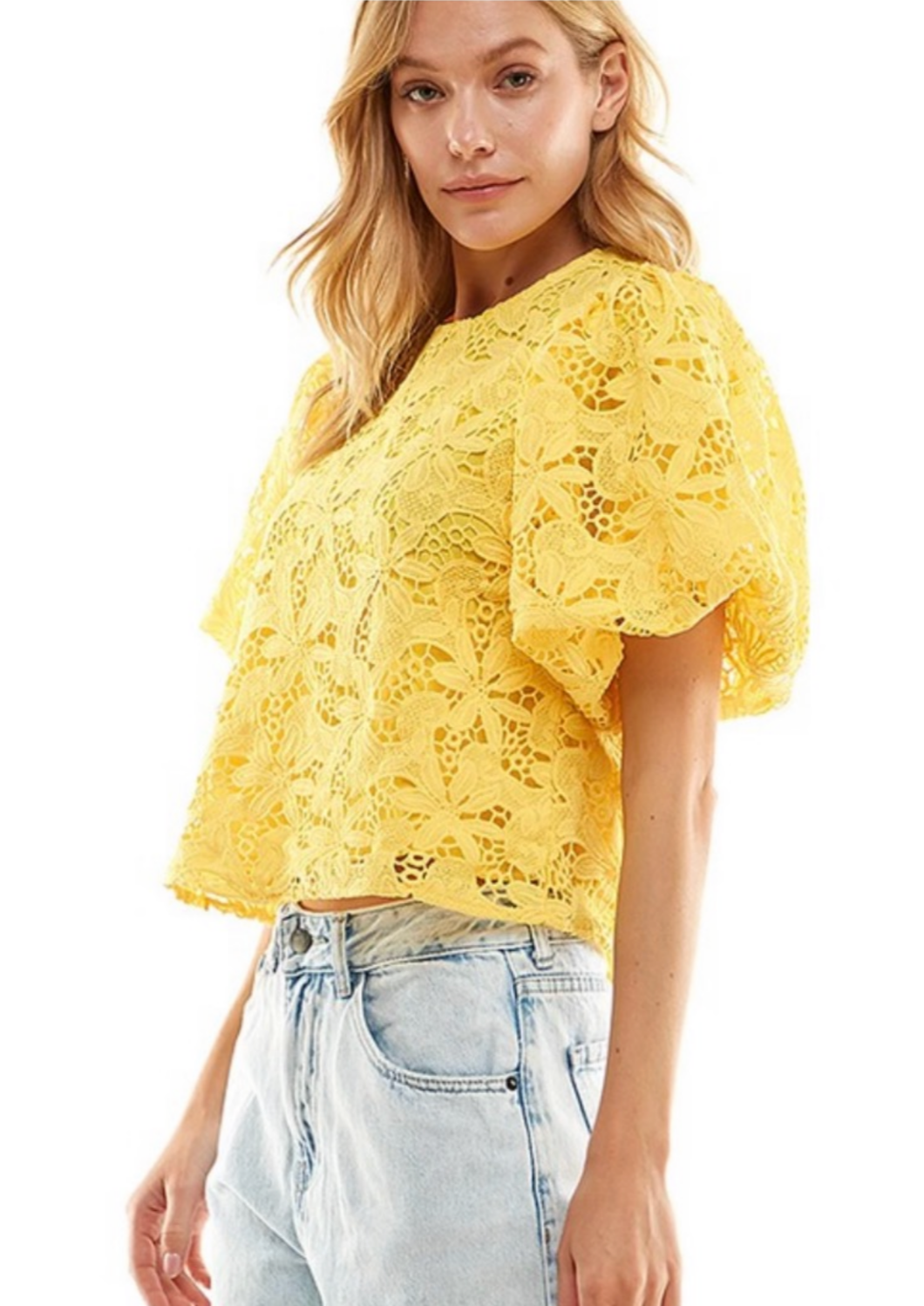 The Pink Door Lace Puff Sleeve Top - Yellow