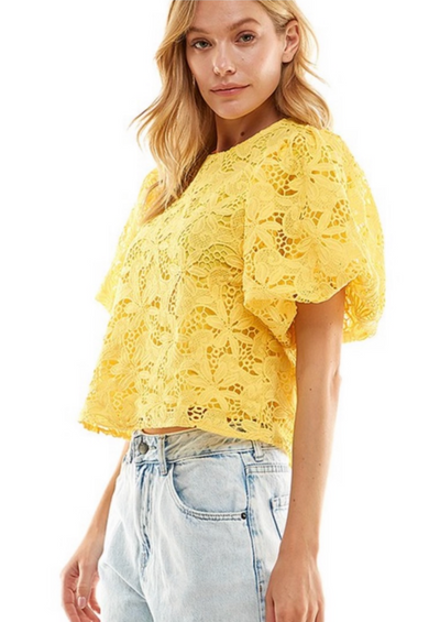 The Pink Door Lace Puff Sleeve Top - Yellow