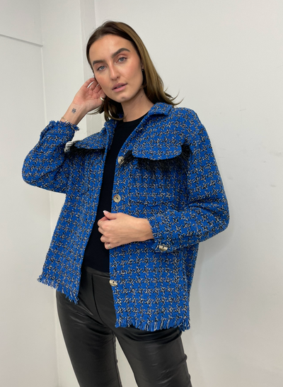 The Pink Door Blue Tweed Jacket w/ Feather Pocket