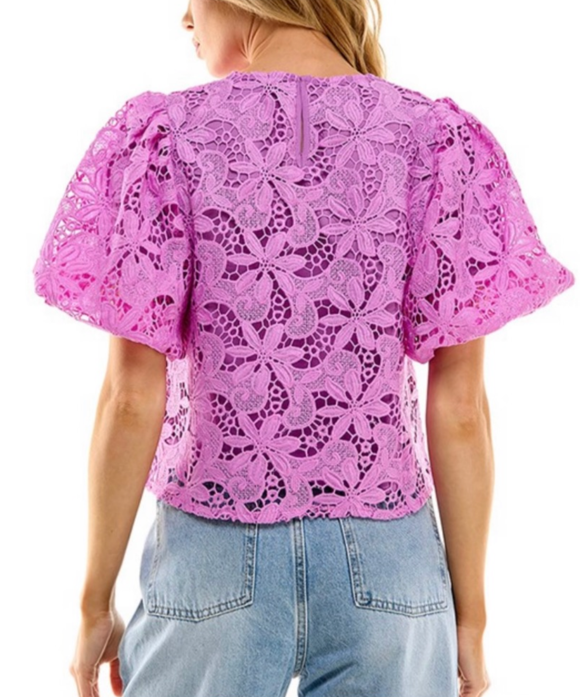 The Pink Door Lace Puff Sleeve Top - Purple