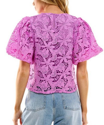 The Pink Door Lace Puff Sleeve Top - Purple