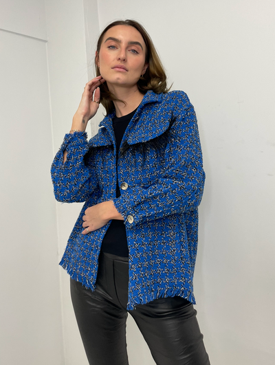 The Pink Door Blue Tweed Jacket w/ Feather Pocket
