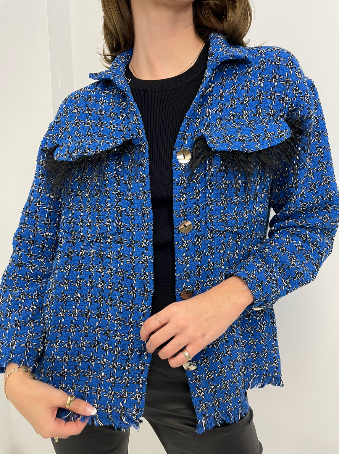 The Pink Door Blue Tweed Jacket w/ Feather Pocket