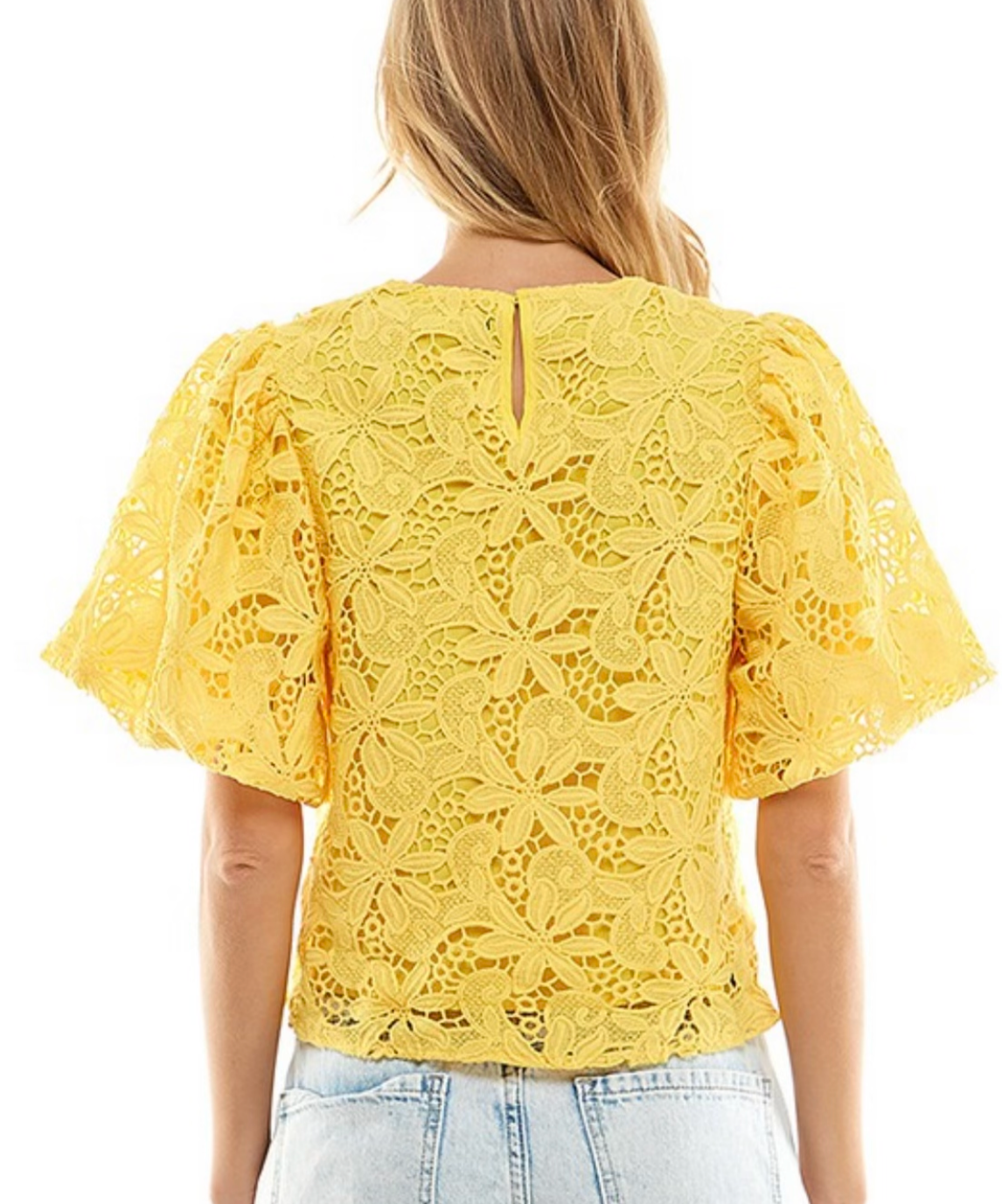 The Pink Door Lace Puff Sleeve Top - Yellow