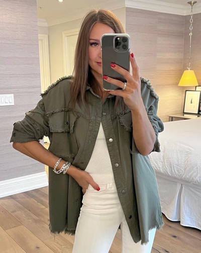 Elan Distressed “All You Need Is Love” Jacket - Olive