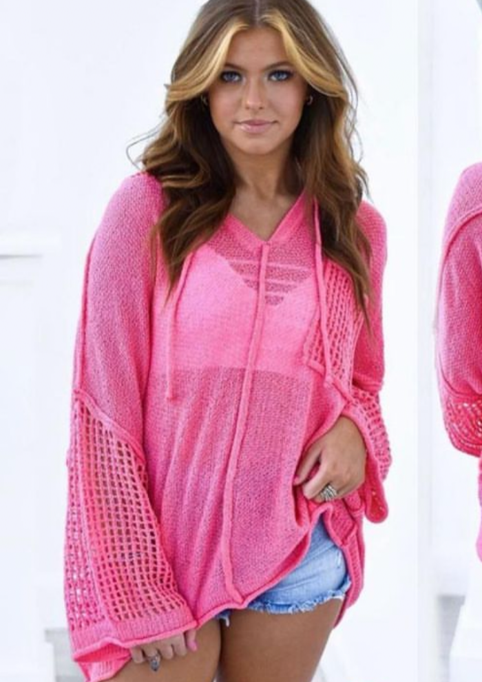 The Pink Door Hole-knit Hooded Sweater - Pink