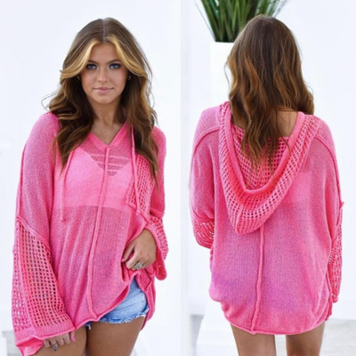 The Pink Door Hole-knit Hooded Sweater - Pink