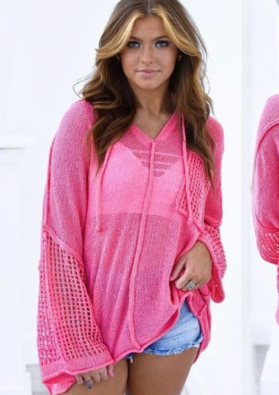 The Pink Door Hole-knit Hooded Sweater - Pink