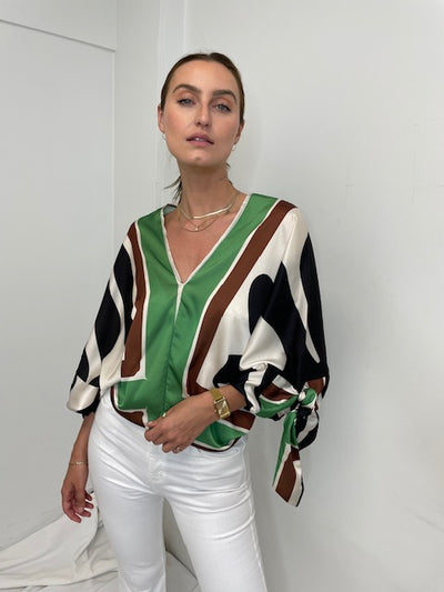 The Pink Door Green/Brown Geometric Print Blouse