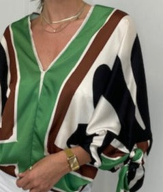 The Pink Door Green/Brown Geometric Print Blouse