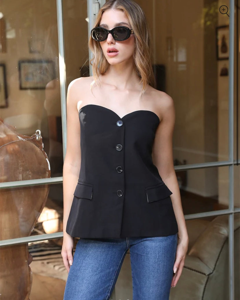 The Pink Door Strapless Button Up Corset Top - Black