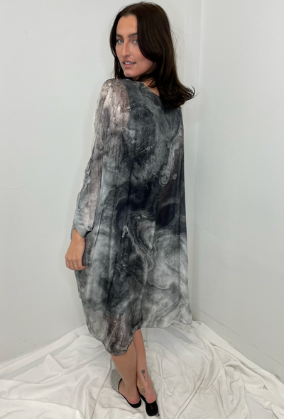Made In Italy Oversized Silk Dress Tie Dye Charcoal