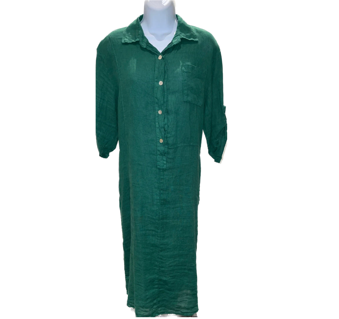 MINI Plain Linen Dress w/ Rolled Sleeves - Green