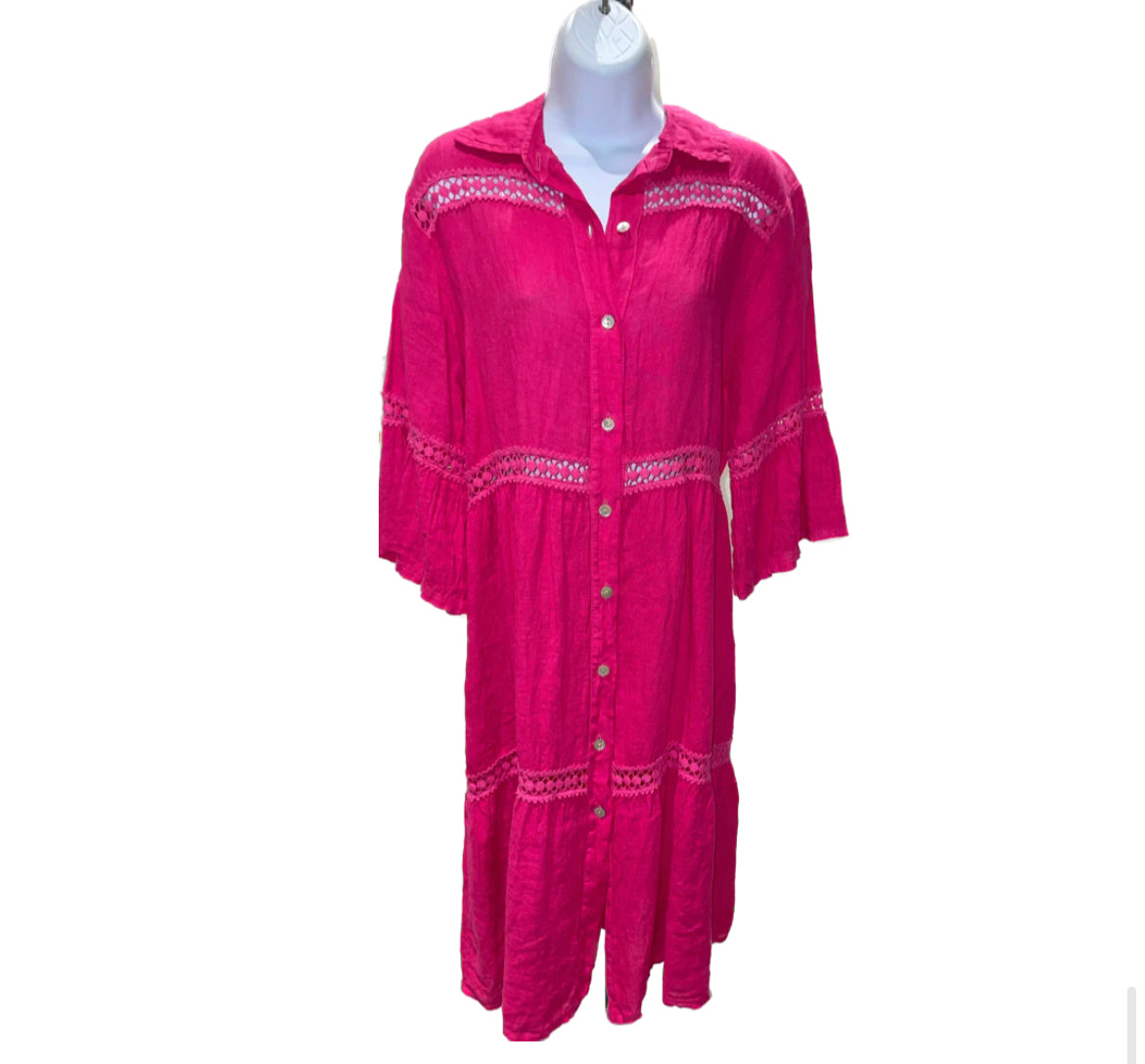 MINI L/S Linen Dress w Crochet Details - Fuchsia