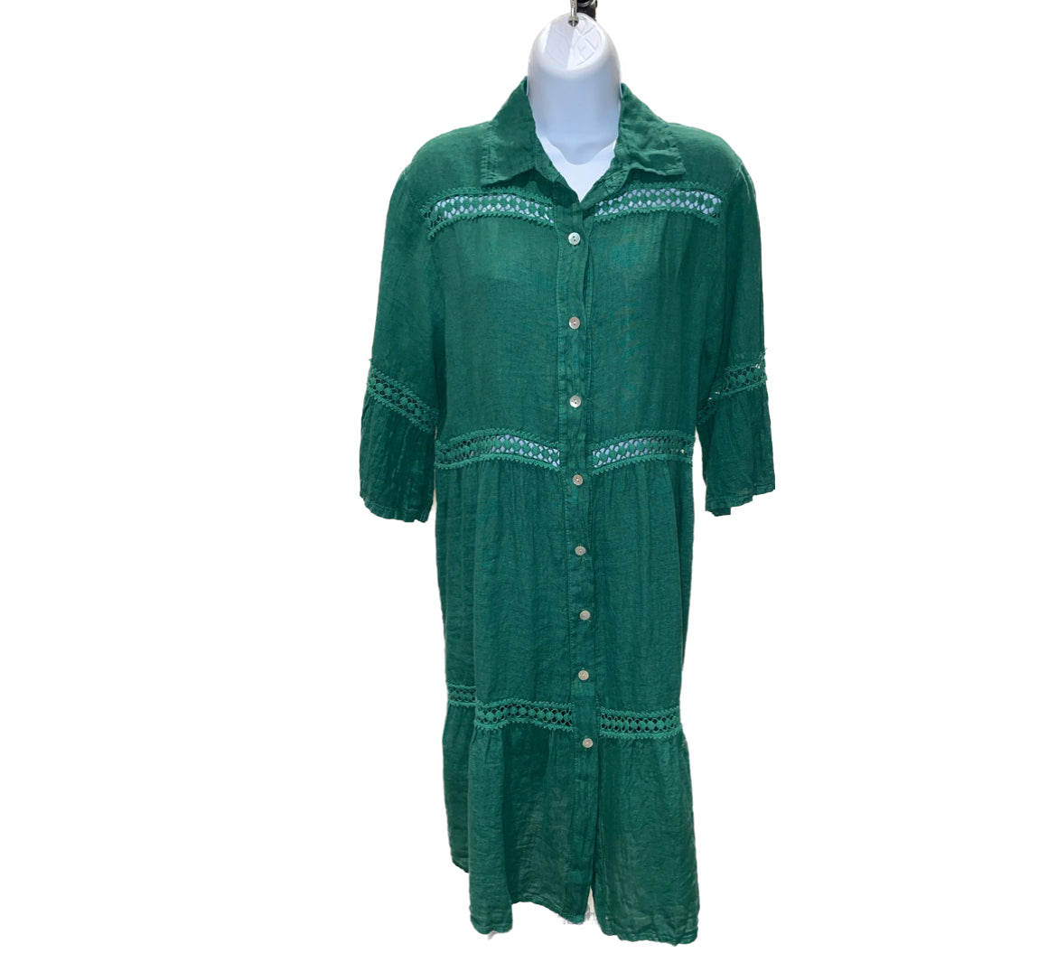 MINI L/S Linen Dress w Crochet Details - Green