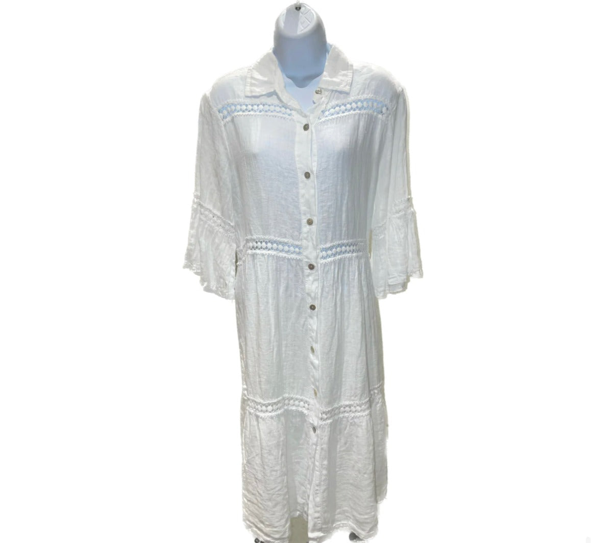 MINI L/S Linen Dress w Crochet Details - White