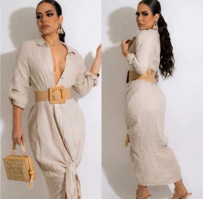 The Pink Door Long Linen Shirt Dress - Natural