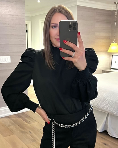 The Pink Door Black Pouf Sleeve Bow Blouse