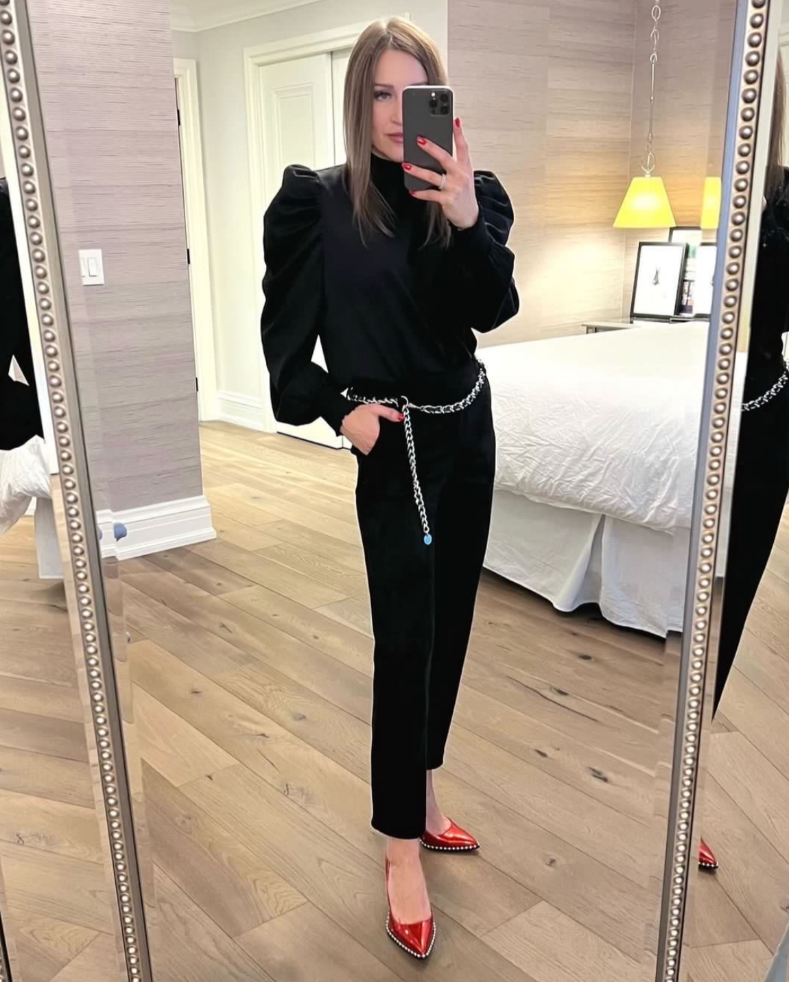The Pink Door Black Pouf Sleeve Bow Blouse