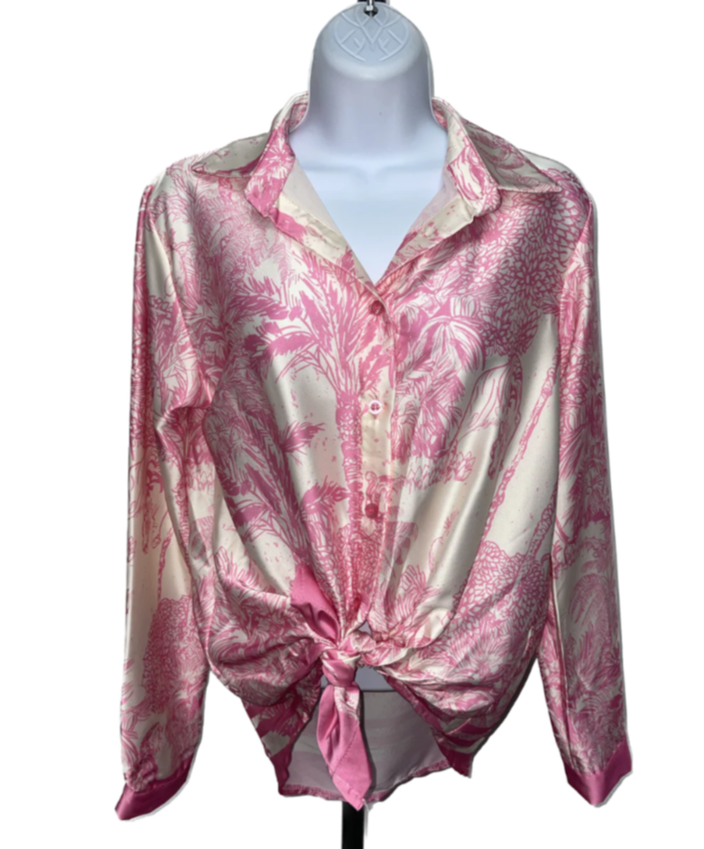 The Pink Door Silky Tie Front Tropical Print Top - Pink