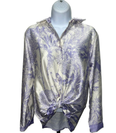 The Pink Door Silky Tie Front Tropical Print Top - Purple
