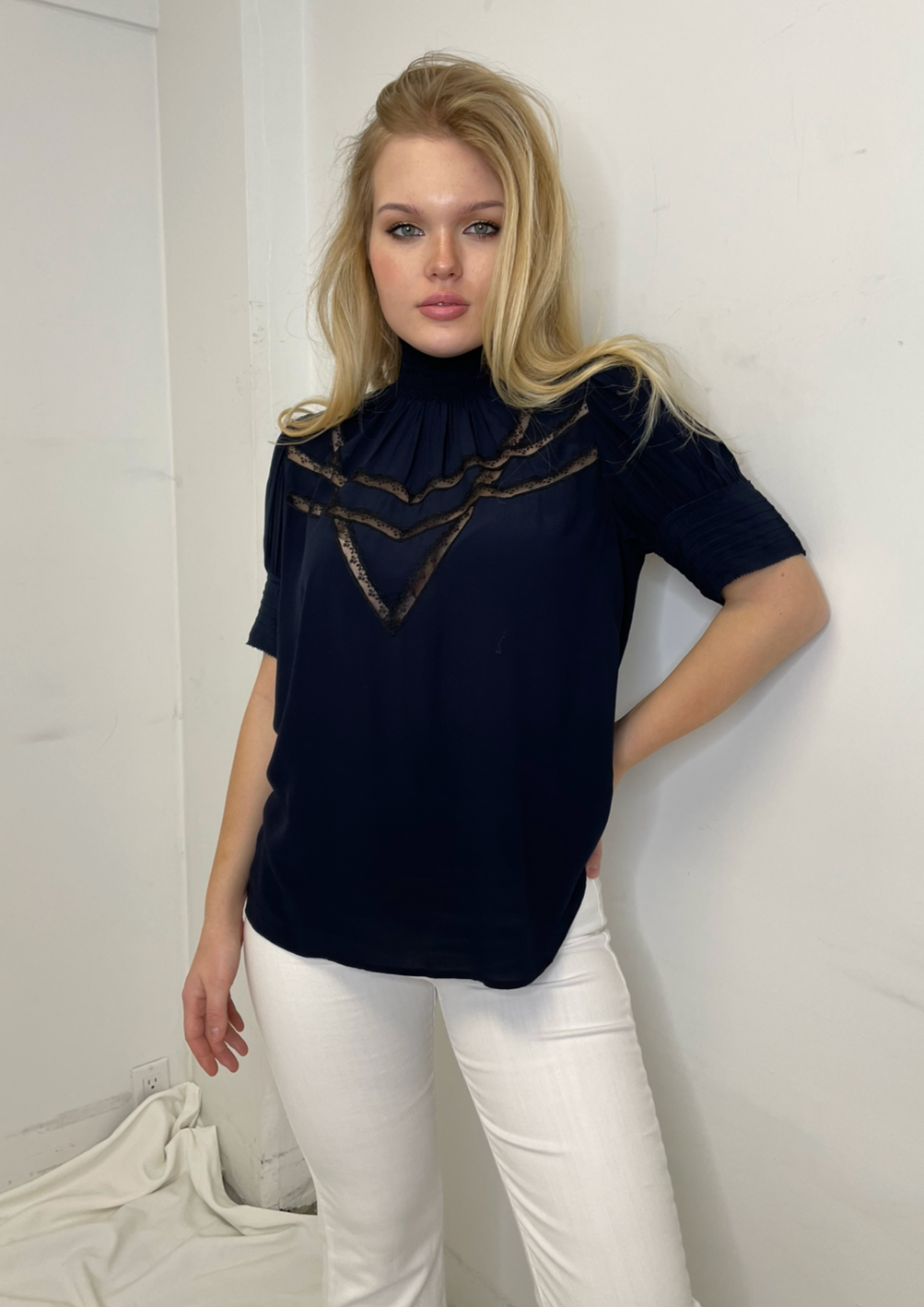 Zadig & Voltaire Smock Neck Blouse w/ Lace Details - Navy