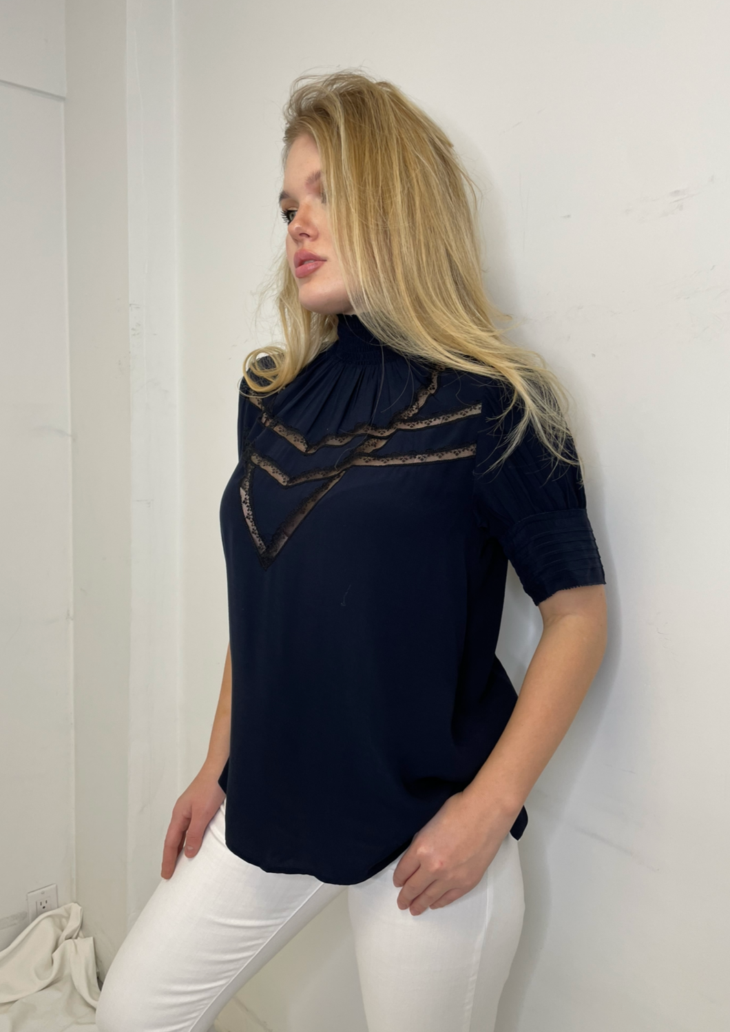 Zadig & Voltaire Smock Neck Blouse w/ Lace Details - Navy