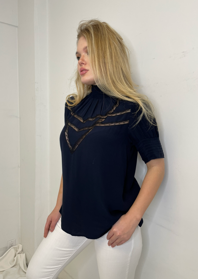 Zadig & Voltaire Smock Neck Blouse w/ Lace Details - Navy