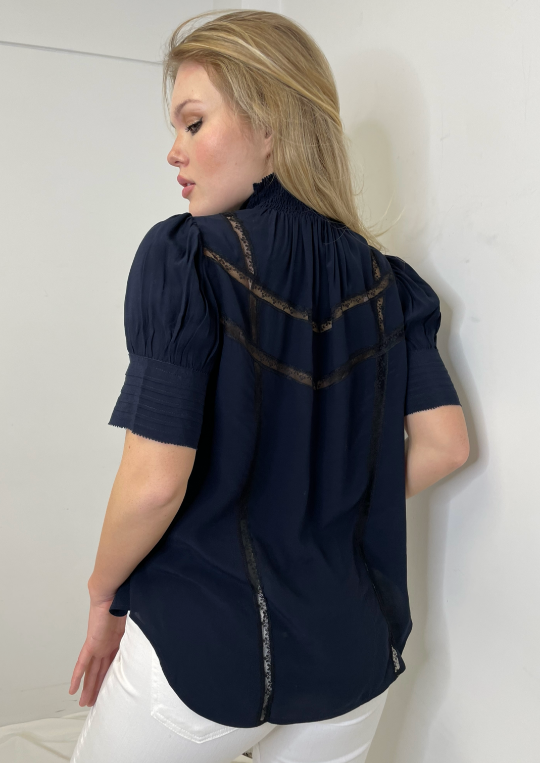 Zadig & Voltaire Smock Neck Blouse w/ Lace Details - Navy