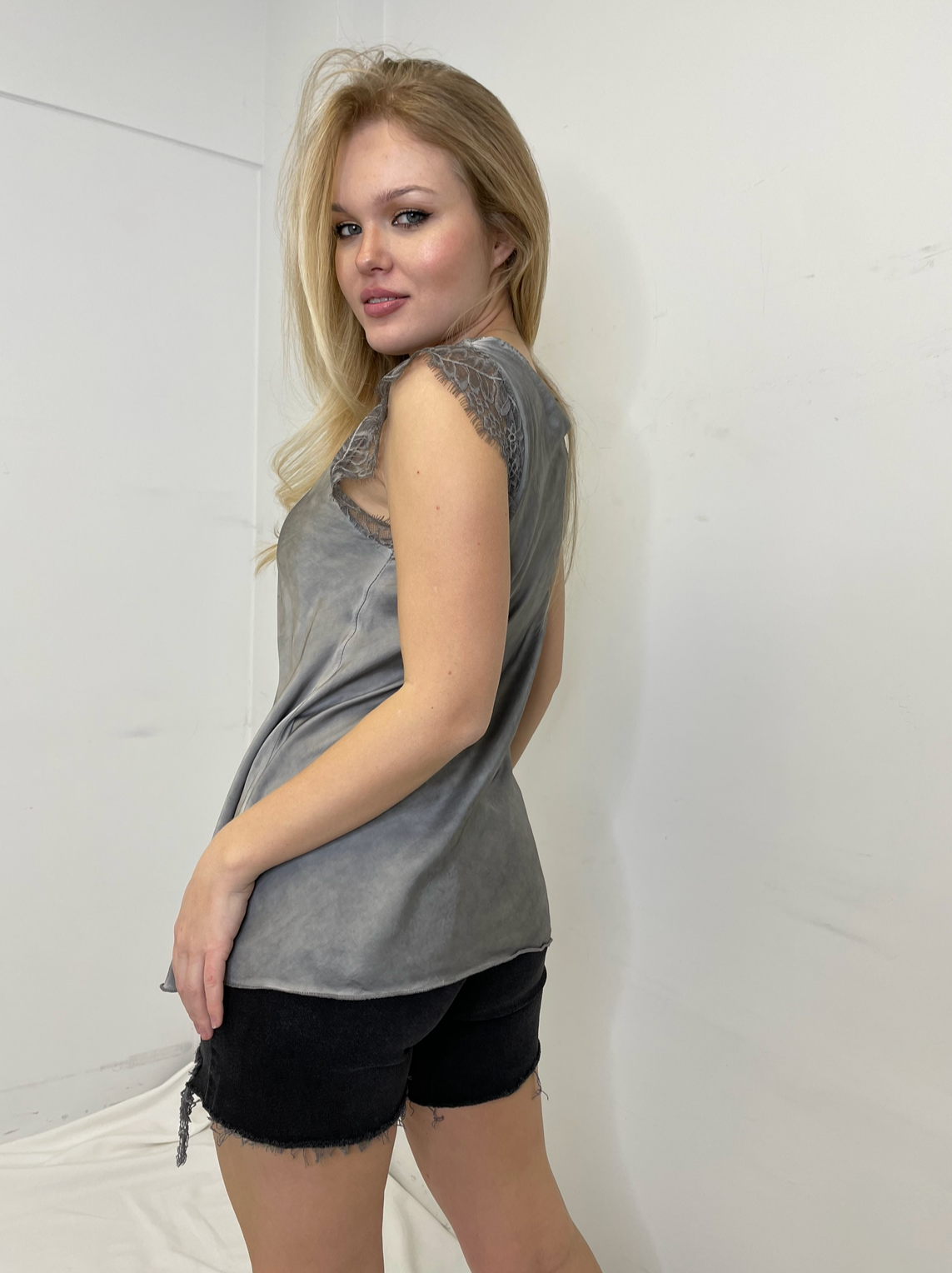 The Pink Door Silky Cap Sleeve Lace Trim Top - Grey