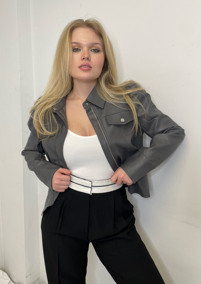 The Pink Door Grey Faux Leather Pouf Sleeve Jacket