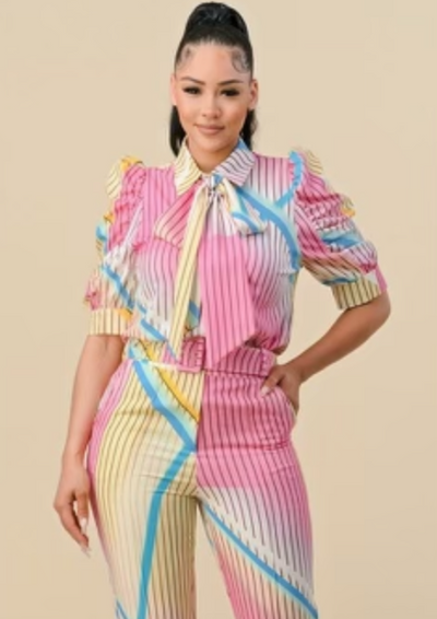 The Pink Door Pouf Sleeve Stripe Blouse - Multicolour