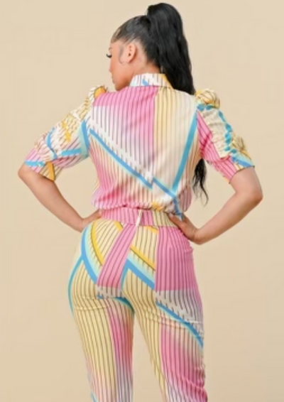 The Pink Door Pouf Sleeve Stripe Blouse - Multicolour