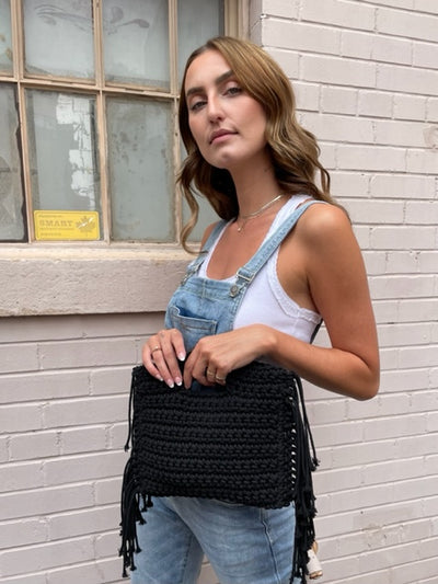 Macrame Fringe Bag w/ Chain - Black