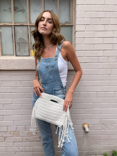 Macrame Fringe Bag w/ Chain - White