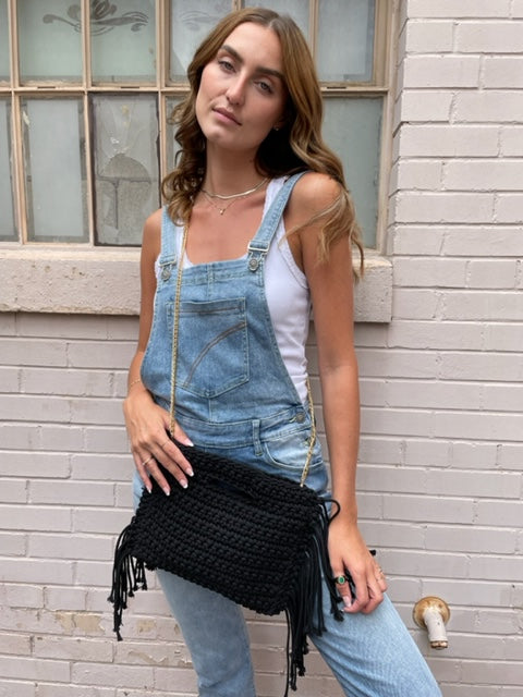 Macrame Fringe Bag w/ Chain - Black