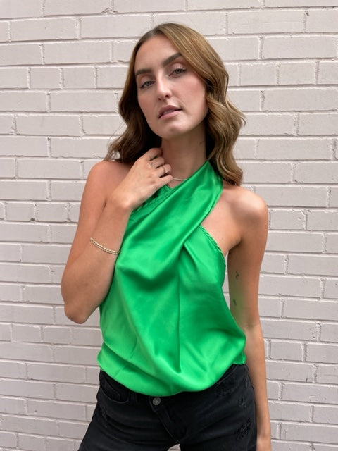 Renee Silky Cross Over Halter Top - Green