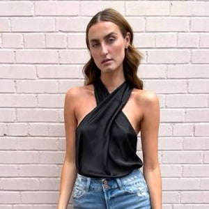 Renee Silky Cross Over Halter Top - Black
