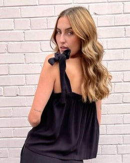 Wasabi & Mint Tie Straps Linen Blend Top - Black