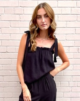 Wasabi & Mint Tie Straps Linen Blend Top - Black