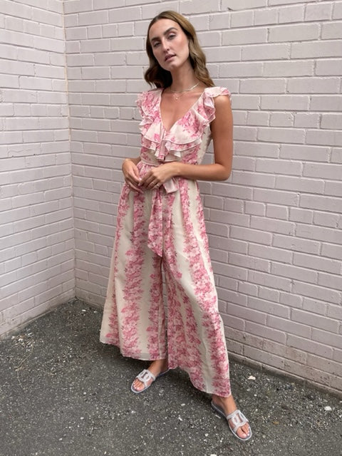BigHit Pink Floral Ruffle Neck Romper
