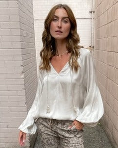 The Pink Door Beige Silky Boho Top