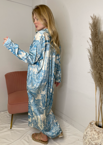 The Pink Door Silky Tropical Print L/S Dress - Blue