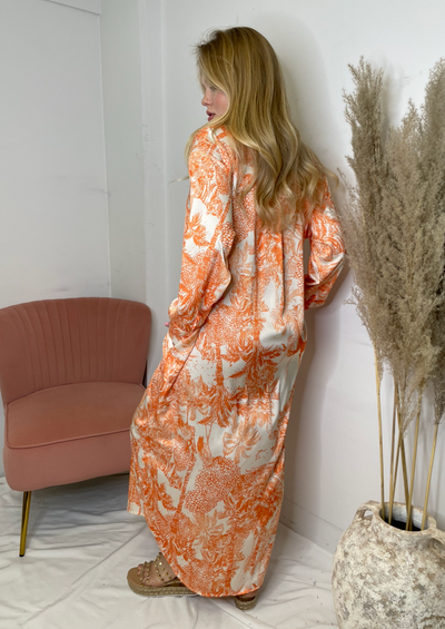 The Pink Door Silky Tropical Print L/S Dress - Orange