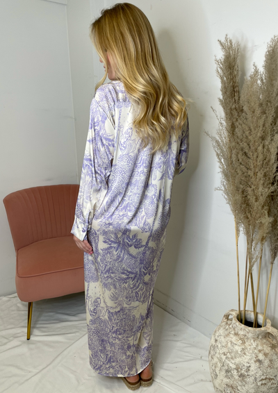 The Pink Door Silky Tropical Print L/S Dress - Lilac