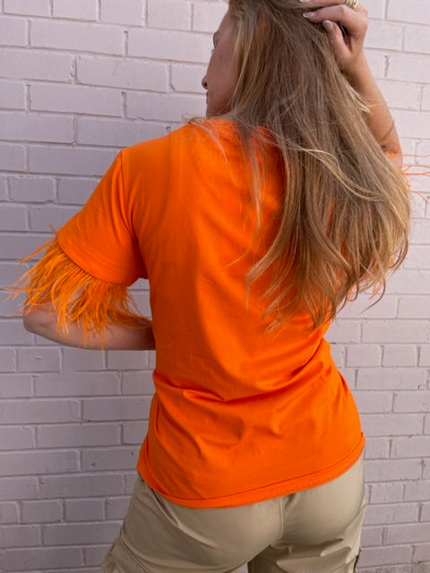 The Pink Door Feather Sleeve Tee - Orange