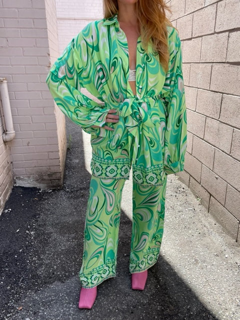 The Pink Door Mint Green Retro Print Shirt